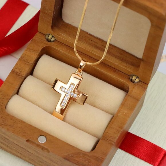 "Rose Gold Cross Pendant with Inset CZ Accents in Glossy Finish, XPPT1847 - Picture 8 of 13